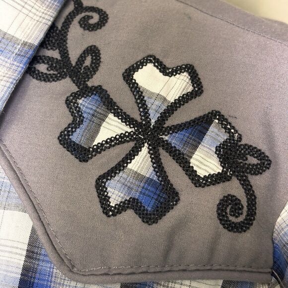 Roper Embroidered Western Top Women Size Medium Blue Plaid Pearl Snap - Picture 2 of 9